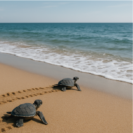 海辺と２匹のウミガメの画像
